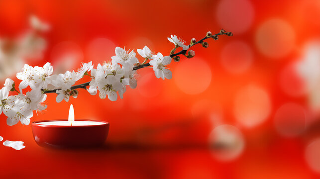 A Peaceful Floral Votive Candle Arrangement Celebrating Saint Teresa of Avila Feast Day with Soft Red Bokeh Background