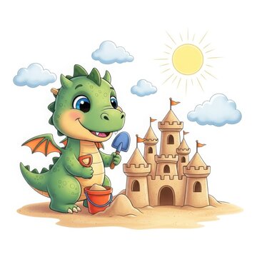 Cute baby dragon builds a sandcastle at the beach on a sunny day with playful clouds overhead