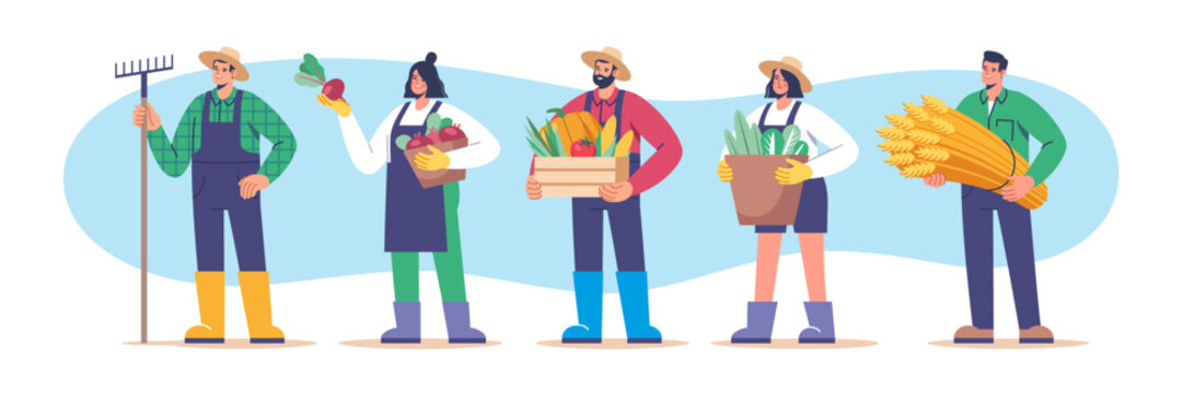 Set of vector images of farmers holding harvest of different crops and tools.