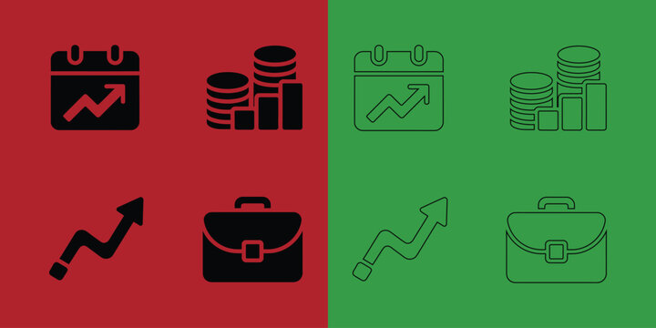 Set of business and finance featuring calendar growth, coin stacks, upward arrows, and briefcase symbols