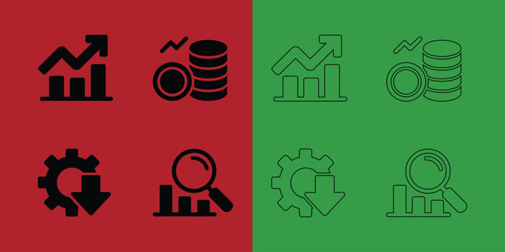 Set of business and finance featuring growth charts, coin stacks, gear settings, and magnifying glass analysis