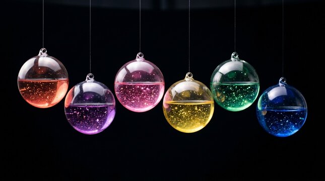 Colorful hanging glass spheres with liquid and glitter on black