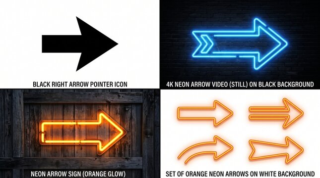 A comparative neon arrow visualization set featuring digital interface icon, glowing blue UHD arrow, vintage red neon signage, and orange neon arrow collection against dark backgrounds.