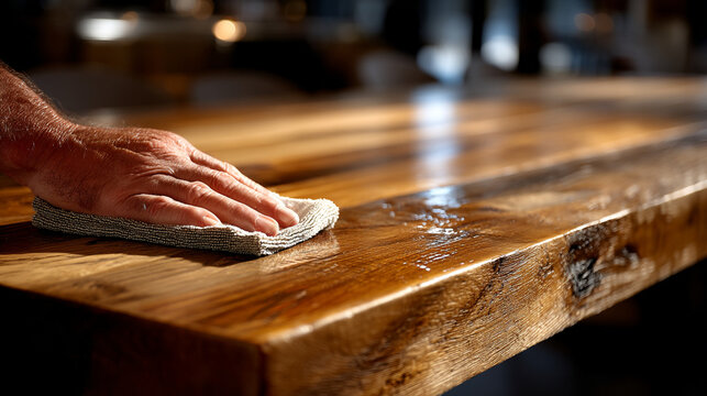 Close-up of hand cleaning and polishing a natural wood surface with cleaning