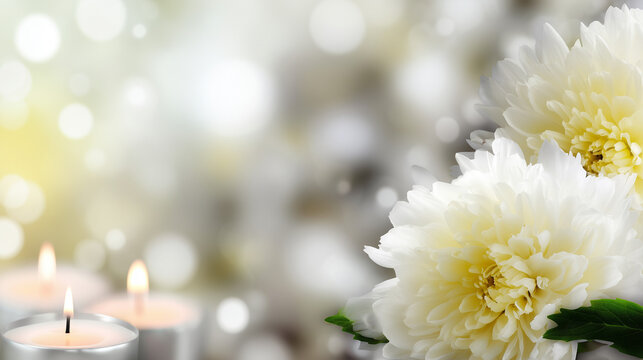 Serene White Chrysanthemums and Glowing Candles for Saint Teresa of Avila Feast Day Meditation and Spiritual Reflection