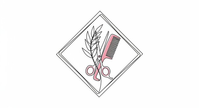 Hair salon logo, scissors, comb and plant