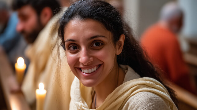 Portrait of a smiling woman during the Saint Teresa of Avila Feast Day celebration in a peaceful candlelight church setting