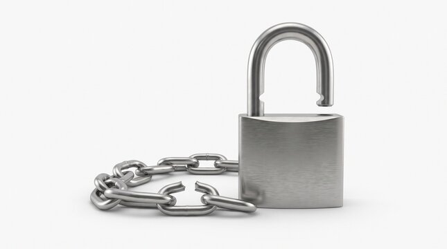 Metal padlock and chain unlocked, symbolizing security, freedom, and breaking free from restrictions