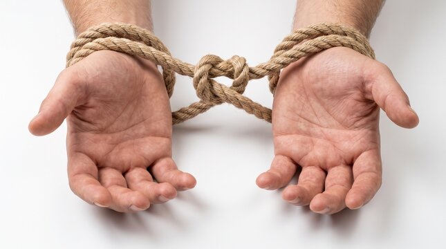 Close-up of a man's hands tightly bound together with coarse hemp rope, symbolizing restraint, captivity, or vulnerability