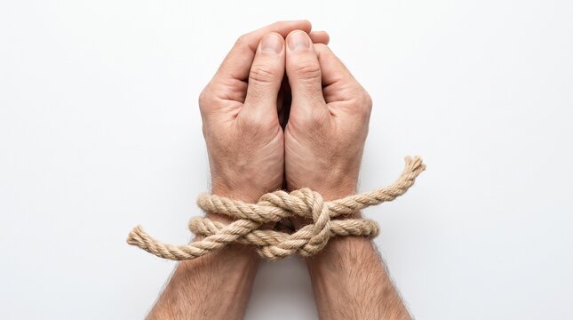 Hands Tied With Thick Rope Against A White Background