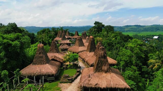 Traditional Praijing village with iconic high thatched roofs in West Sumba, Indonesia