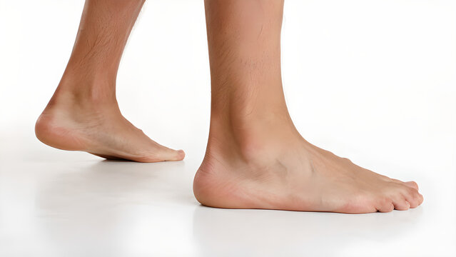 Flat feet with pronated foot alignment in adult barefoot standing pose, photorealistic medical education image of collapsed arches for podiatry, orthopedics, healthcare and patient communication