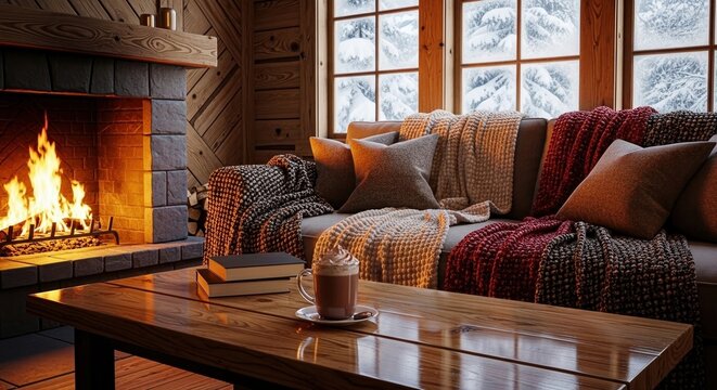 Cozy living room with lit fireplace and winter view. Warm modern interior featuring plush sofa, knit blankets, and seasonal home decor.