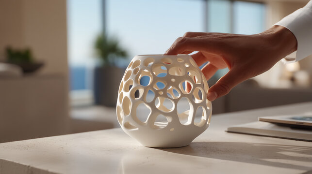 Person adjusting a modern white geometric porous ceramic lamp on a table
