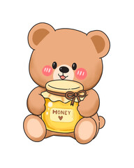 Bear character holding honey jar PNG. Teddy bear with honey pot sticker clipart isolated. © WhimsyCharmery