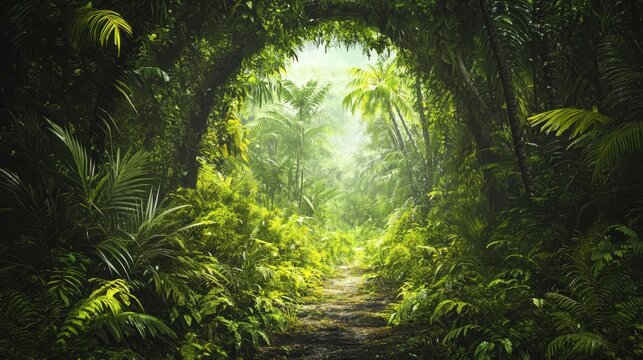 Lush tropical jungle path leads toward a sunlit opening. Dense foliage creates an archway
