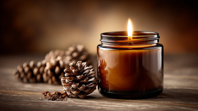 Warm glow of burning candle in jar with pine cones on rustic table, atmosphere
