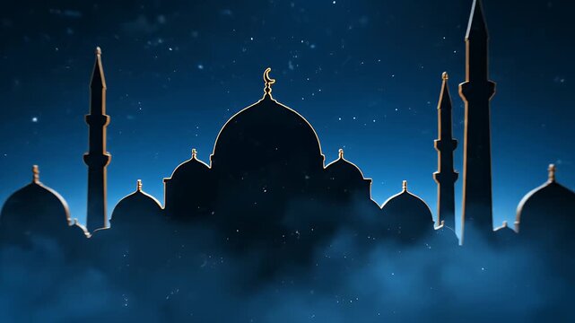 Majestic Silhouette of Islamic Mosque with Domes and Minarets Against a Starry Night Sky with Mystical Mist