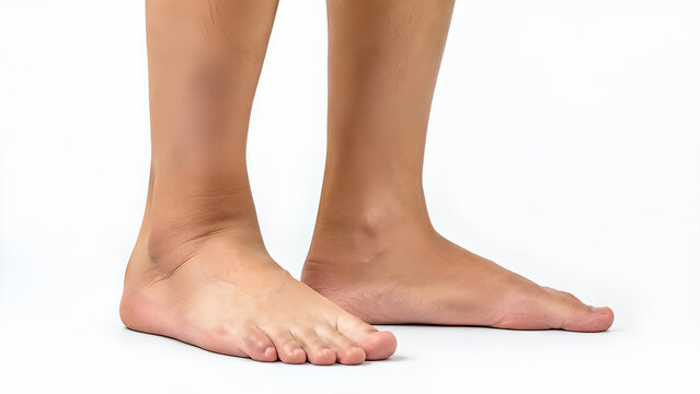 Flat feet with pronated foot alignment in adult barefoot standing pose, photorealistic medical education image of collapsed arches for podiatry, orthopedics, healthcare and patient communication