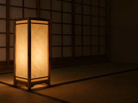 Traditional Japanese Andon Lantern Glowing in a Tatami Room at Night, Warm Ryokan Ambiance Background with Copy Space