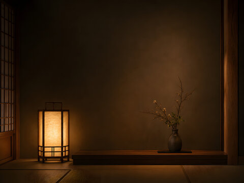 Traditional Japanese Andon Lantern Beside Minimalist Tokonoma Alcove, Quiet Luxury Interior Background with Copy Space