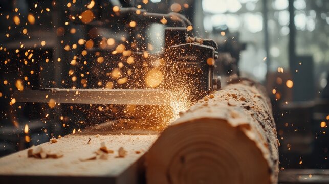 Machine sawing wood log, creating flying sparks and sawdust in an industrial setting