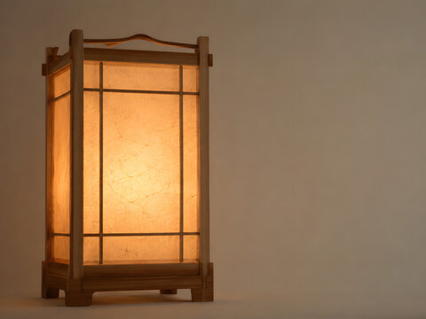 Traditional Japanese Andon Paper Lantern with Handmade Washi Fiber Texture, Warm Minimalist Wellness Background with Copy Space