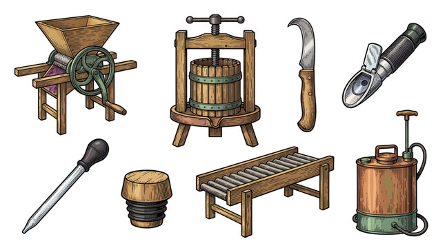 Set of Vintage Traditional Winemaking and Agriculture Equipment Illustrations