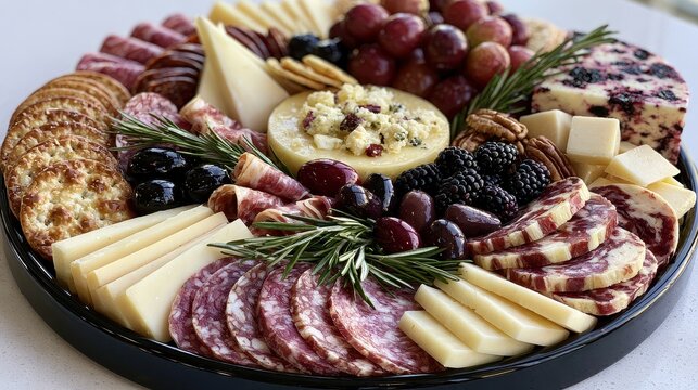 Luxurious charcuterie board with artisanal cheese, perfectly clean white backdrop, [appetizers], [culinary luxury] 