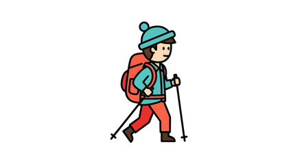 Fototapeta premium Adventurous boy hiking with backpack and trekking poles