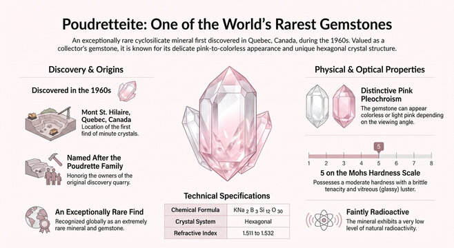 Educational infographic exploring poudretteite, its crystal structure, geology, rarity, gemological properties and mineral classification.