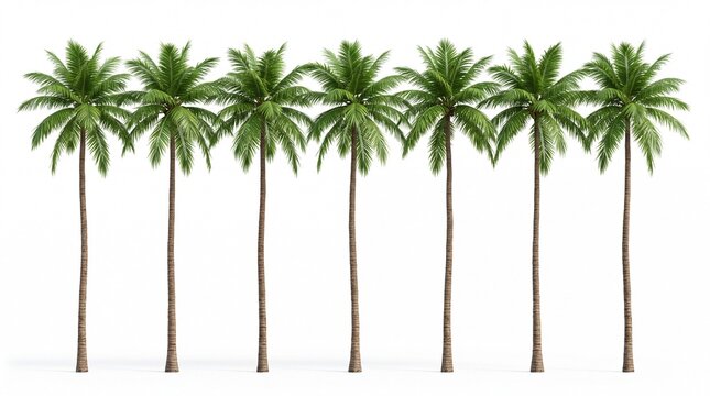 Six vibrant green tropical palm trees standing in a neat row isolated on white background