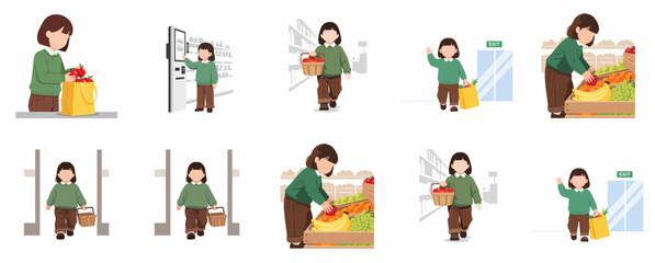 Set of flat illustrations of a little girl shopping for fresh fruits and groceries at the supermarket