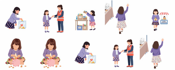 Fototapeta premium Little girl participating in various charity activities, donating money and food, volunteering, and saving for donation vector illustration set