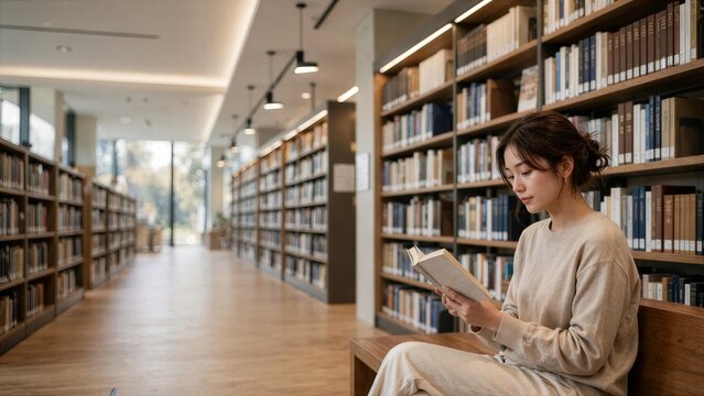 Woman Reading in Bright Library Aisle