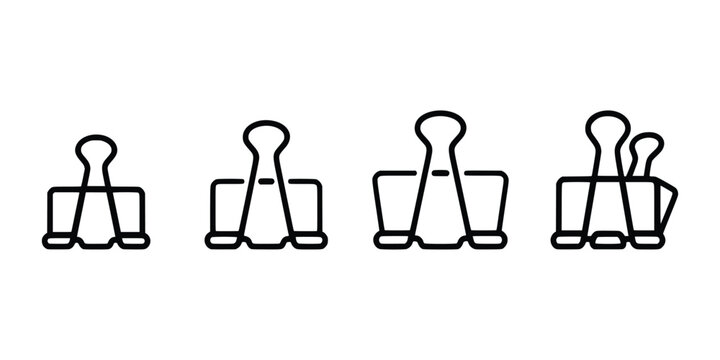 Collection of binder clips line icons for office stationery and document organization in four variations of paper clamps.