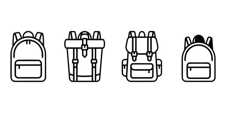 Group of outline icons for backpacks in various styles including casual school bags travel rucksacks and urban daypacks.