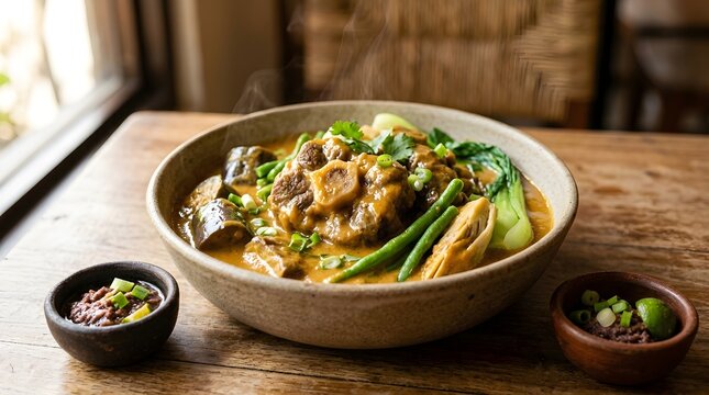 Steaming hot traditional oxtail soup with rich peanut sauce, vegetables, and side dishes on a rustic wooden table