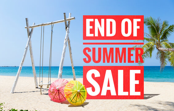 End of summer sale banner with wooden swing and colourful umbrella on tropical beach background, relax by the sea, summer holiday destination