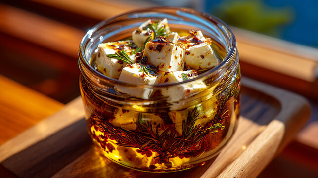 Jar of feta cheese cubes marinated in olive oil with herbs and spices, marinated