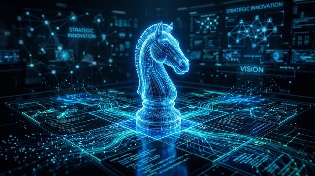 A knight chess piece made entirely of glowing fiber optics standing on a digital chessboard where the tiles are made of flowing data streams, representing strategic innovation and vision, dark mood wi