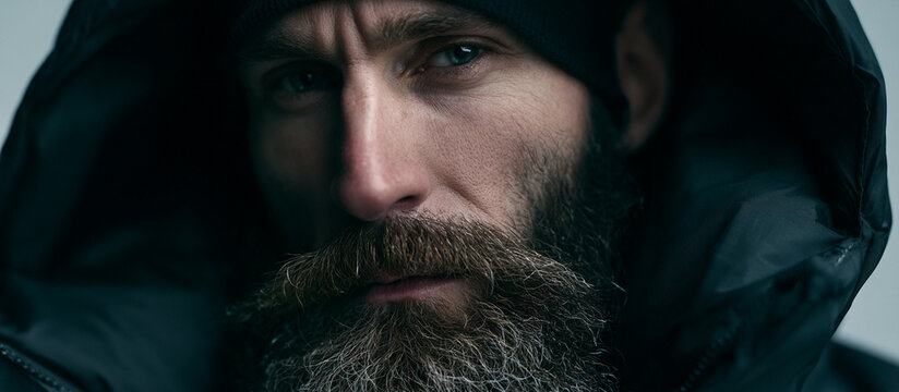 Mature man with full beard in stylish portrait. Close-up bearded male model showcasing rugged fashion and grooming trends.