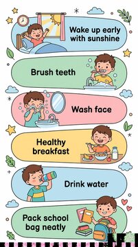 Daily morning routine chart for kids featuring healthy habits and self-care steps