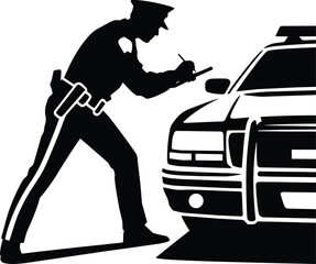 Police officer writing traffic ticket to driver beside patrol car silhouette showing law enforcement procedure and public safety duty © MC Creative