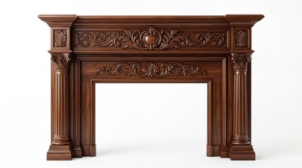 Obraz premium Intricately carved dark walnut wooden fireplace mantel featuring ornate classical columns and floral motifs on white background