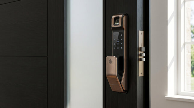 Electronic smart door lock with fingerprint scanner and numeric keypad mounted on black wood entrance in modern home.