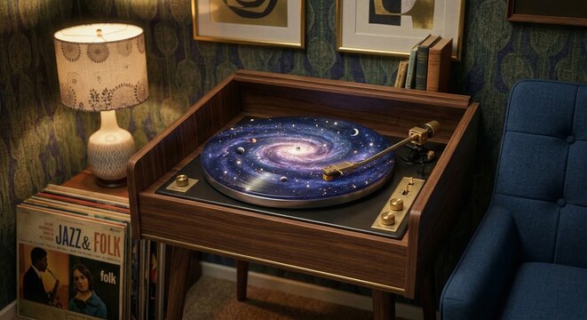 Cosmic vinyl record player with a spinning galaxy nebula on a wooden turntable in a cozy retro room