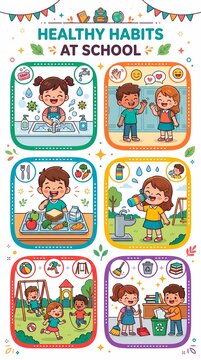 Educational Poster Illustrating Essential Daily Wellness Routines for Elementary School Children