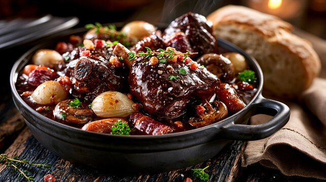 Authentic French beef bourguignon slow braised in rich red wine sauce with pearl onions, mushrooms, carrots and crispy bacon