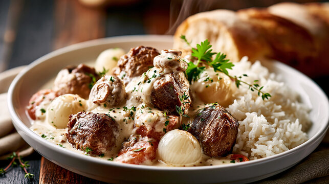 Classic French veal blanquette in a creamy white wine sauce with mushrooms, pearl onions and rice